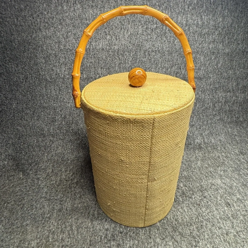 Vintage‎ Wicker Ice Bucket Faux Bamboo Handle Mid Century Barware 15